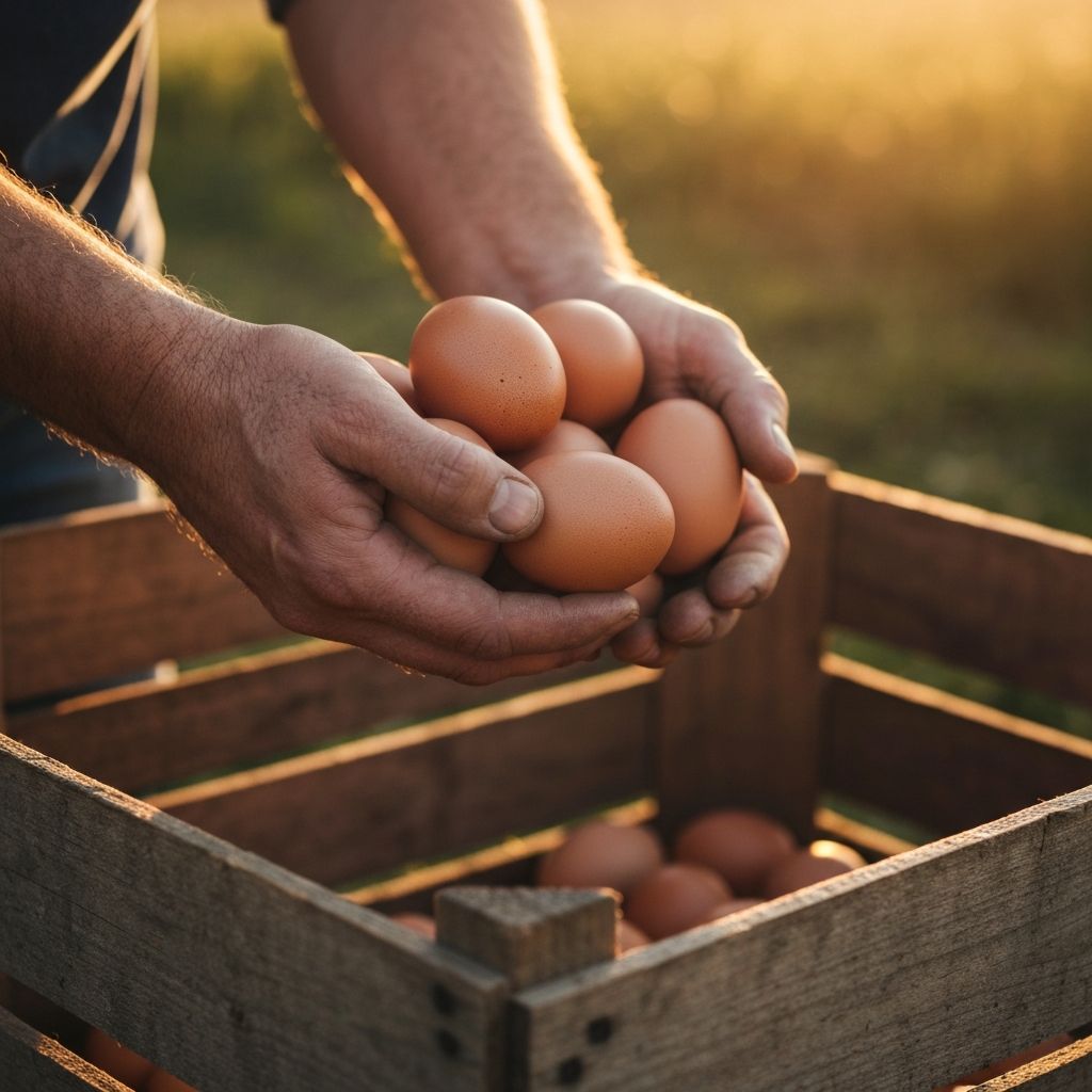 Farmer gently holding fresh eggs